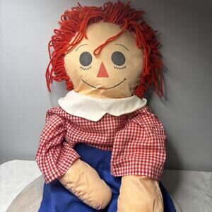 Raggedy Ann Cloth Doll Vintage Style Red Yarn Hair Blue Pants C